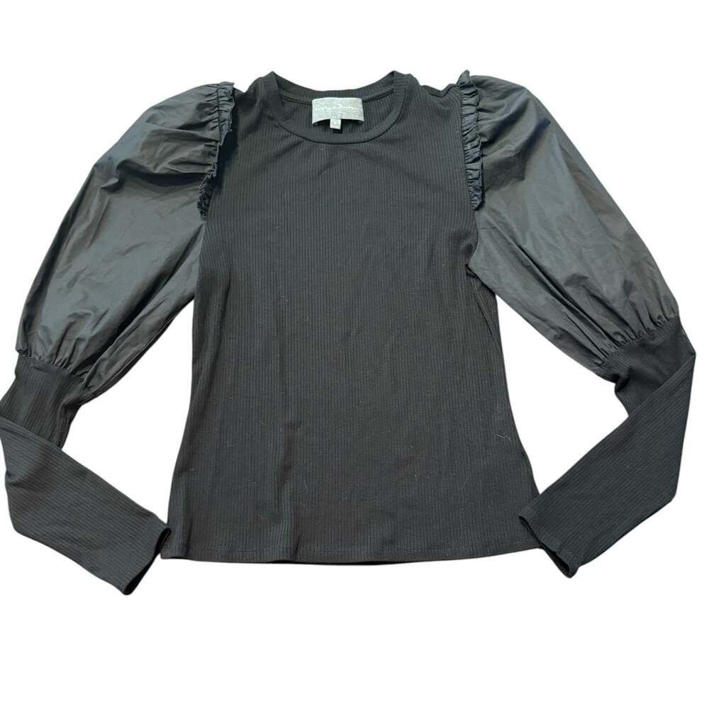 ANTHRO Sunday in Brooklyn black ribbed tee with poplin puff sleeves, Size S